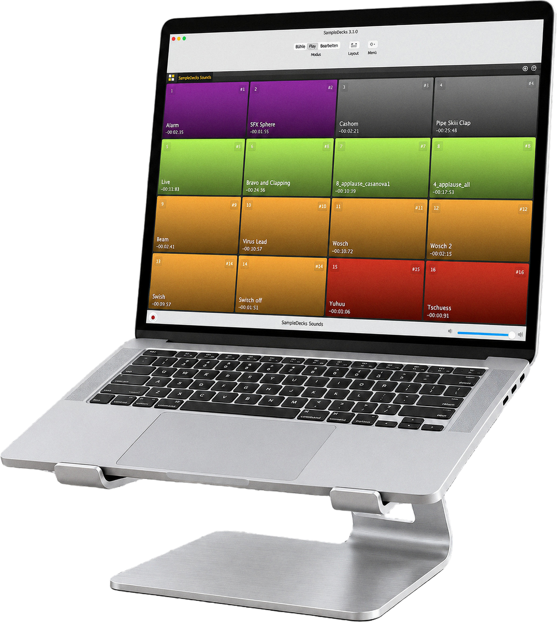 SampleDecks auf einem Notebook auf einem Ständer: Raster aus farbigen Sample-Feldern mit Namen und Restlaufzeit