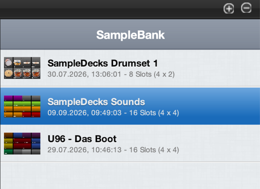 Liste der Sample Banks in SampleDecks mit Vorschau, Datum und Anzahl der Slots