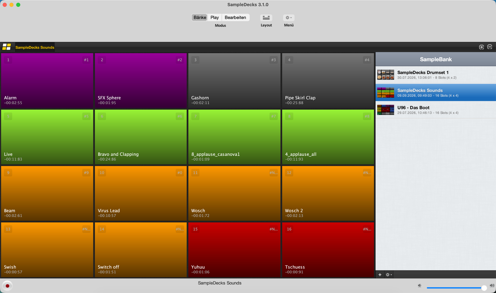 SampleDecks 3.1.0: Raster aus 16 farbigen Slots mit Namen und Restlaufzeit, rechts die Liste der Sample Banks