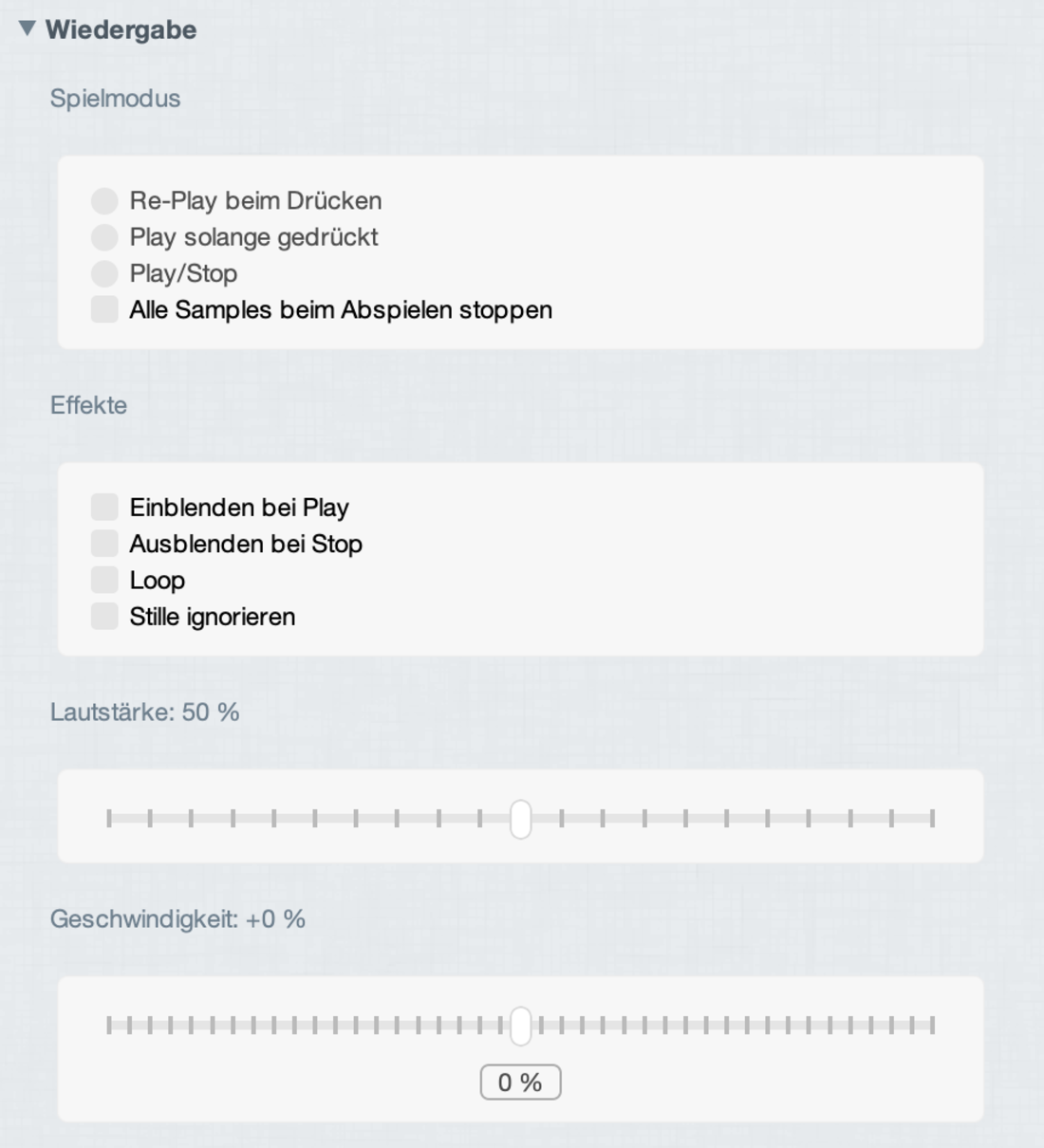 Wiedergabeeinstellungen eines Slots in SampleDecks: Spielmodus, Effekte mit Ein- und Ausblenden, Loop und Stille ignorieren sowie Regler für Lautstärke und Geschwindigkeit
